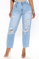 Why Don't You Relax Ripped Mom Jeans - Medium Blue Wash Ins Street